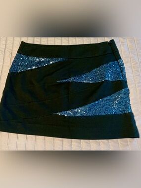 Express Black Sequin Mini Skirt Size 0 Navy Blue Sparkle Bodycon Party Holiday